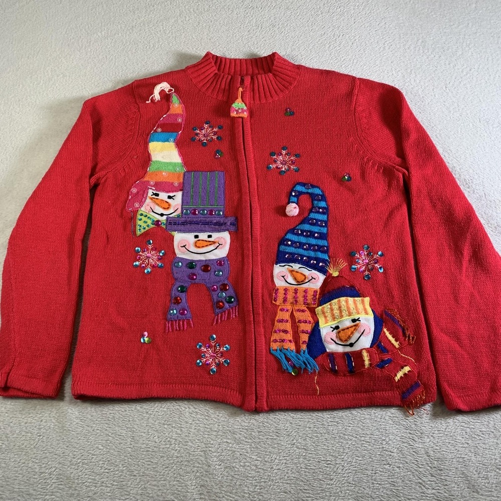 Tiara International Sweater Womens XL Red Snowman Full Zip Christmas Ugly